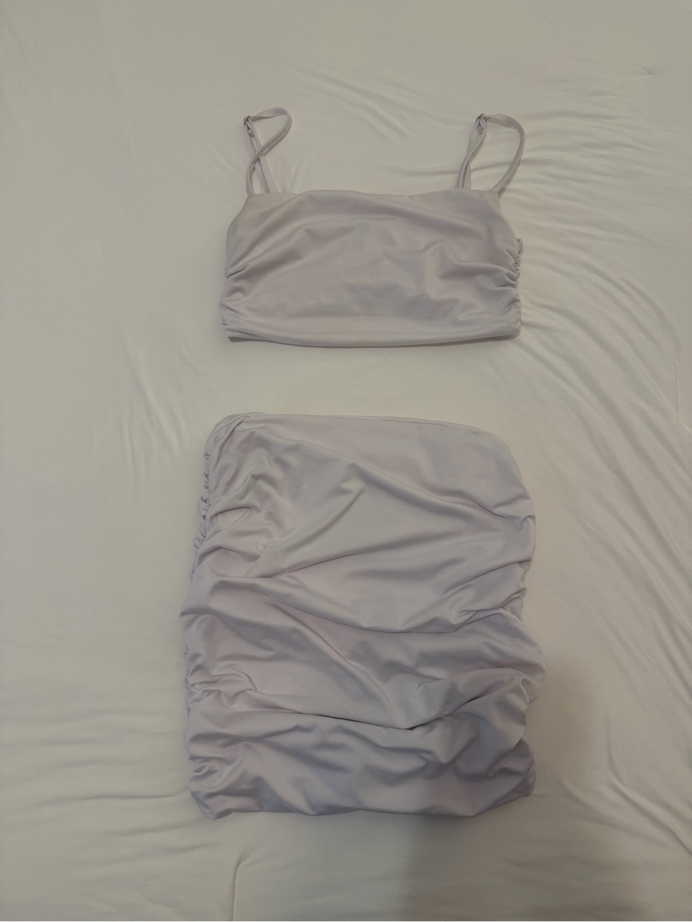 White Ruched Two-Piece Crop Top and Skirt Set